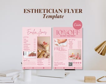 May include: A pink esthetician flyer template featuring the text Esthetician Flyer Template, Emilia Jones Beauty Studio, 10% OFF ON FIRST TREATMENT, FREE consultation, and Book your appointment now, alongside service lists, open hours, and a QR code.