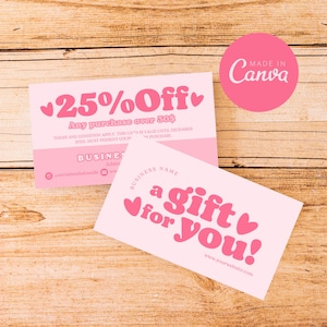 Modelo de cartão de cupom, cartão promocional editável para pequenas empresas, design de vale-presente rosa para impressão, modelo de cupom de presente de recompensas ao cliente Canva