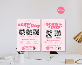 Modèle de panneau « Scanner pour payer », panneau avec code QR rose modifiable, panneau de paiement imprimable pour petites entreprises, modèle Canva, panneau Cash App, Venmo, PayPal