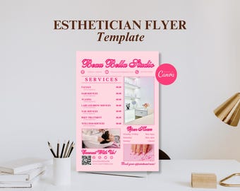 May include: A pink esthetician flyer template titled Beau Bella Studio featuring a services list, open hours, and contact information. The design includes two photographic inserts showing a salon interior and a hair washing scene, with a QR code.