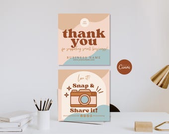 Snap and Share Card Template, Editable Boho Social Media Card, Printable Business Promotion Thank You Insert, Canva Template Snap Tag Share