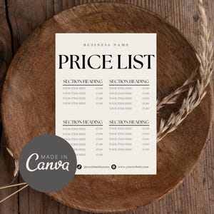 Price List Template, Editable Minimalist Small Business Pricing Guide, Canva Template, Printable PDF Download