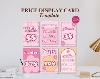 Plantilla de tarjeta de precios adorable, plantilla editable de Canva para letreros de mesa de vendedor, letreros de precios de mercado para hacer tú mismo, letreros imprimibles para tiendas comerciales.