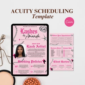 May include: A digital Acuity Scheduling template for a lash artist, featuring a pink background with gothic-style typography, chain graphics, and heart icons. The layout includes sections for booking policies, business hours, and client reviews.