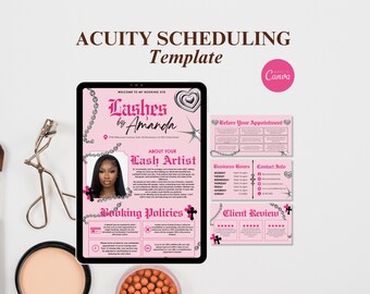 Puede incluir: Una plantilla digital de Acuity Scheduling para un artista de pestañas, con fondo rosa, tipografía gótica, gráficos de cadenas e iconos de corazón. El diseño incluye secciones para políticas de reserva, horarios y reseñas.