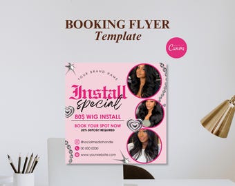 Bokningsflyer Hårböcker Mall Perukinstallation Tidsbok Hår Naglar Smink Ögonfransar Boka nu-flyer Bokningsinlägg Canva Instagram-flyers