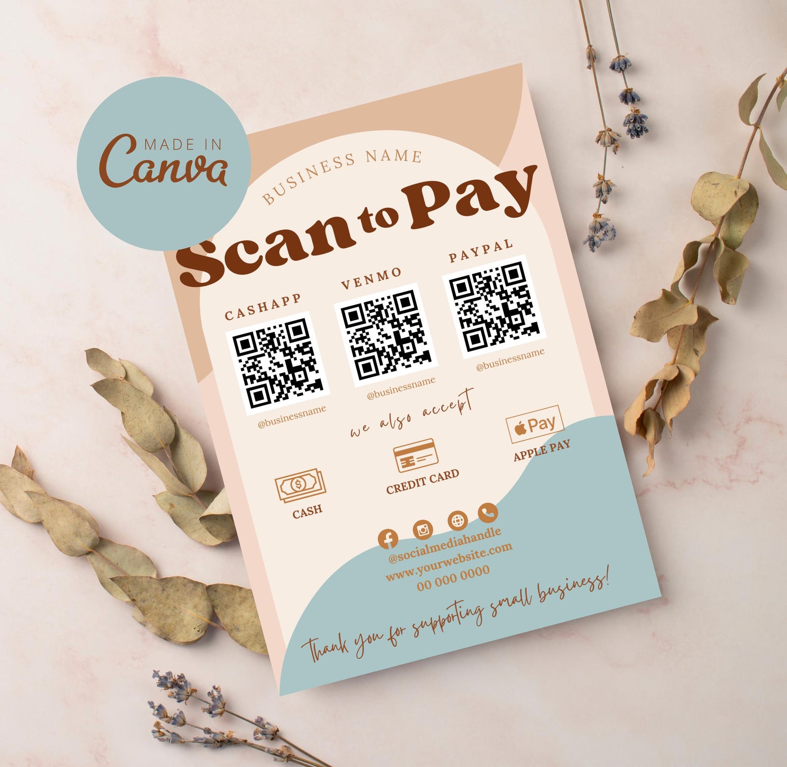 Scan to Pay Sign Template, Editable Boho QR Code Sign, Printable Small ...
