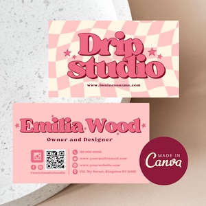 Retro Pink Business Card Template with QR Code: Editable Canva Design (Digital Download)