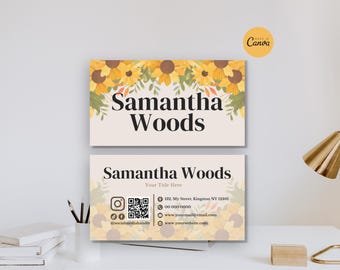 Puede incluir: Dos tarjetas de visita con un diseño de girasoles. La tarjeta superior dice "Samantha Woods" con un borde floral. La tarjeta inferior incluye información de contacto, un código QR y el texto "Samantha Woods, Your Title Here."