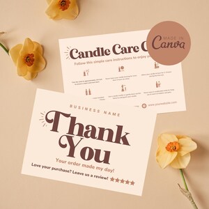 Candle Care Card Template, Editable Candle Instructions, Printable Candle Safety Cards, Canva Candle Thank You Packaging Insert Template
