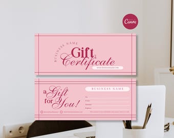Puede incluir: Un certificado de regalo rectangular de color rosa con texto en rosa oscuro. La sección superior muestra "Gift Certificate" con espacios para el nombre de la empresa y el sitio web. La sección inferior incluye "a Gift for You!" y líneas para To, From, Amount y Expires.