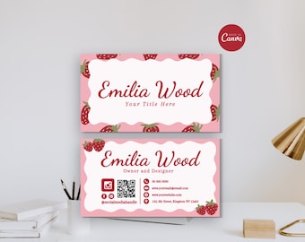 Coquette Strawberry Business Card Template, Editable QR Code Packaging Insert Canva, Digital Download