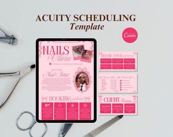 Puede incluir: Una plantilla digital de Acuity Scheduling para un negocio de uñas con un esquema de color rosa y texto que incluye Nails by Olivia, About Your Nail Artist, Booking Policies, Before Your Appointment y Client Reviews, en una tableta.
