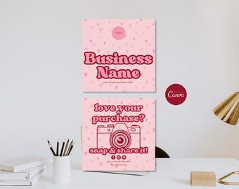 Snap and Share Card Template, Editable Pink Social Media Card, Printable Business Promotion Thank You Insert, Canva Template Snap Tag Share
