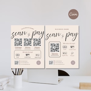 Peut inclure: Deux modèles de signalétique de paiement beige avec du texte et des graphiques noirs. Les panneaux présentent l'en-tête "scan to pay" et "BUSINESS NAME" avec des espaces réservés pour les codes QR, les réseaux sociaux et les icônes de paiement.