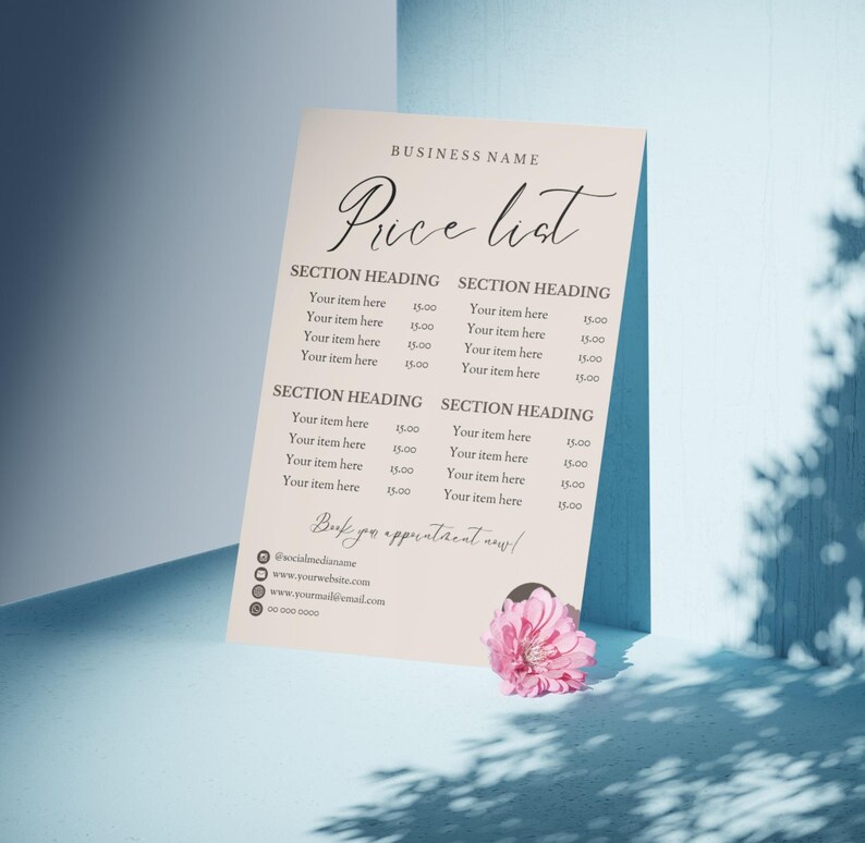 Price List Template, Printable Small Business Pricing Guide Design ...