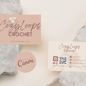 Modello di biglietto da visita moderno con codice QR, design modificabile per biglietti da visita, biglietto da visita all'uncinetto stampabile, modello di biglietto da visita fatto a mano Canva
