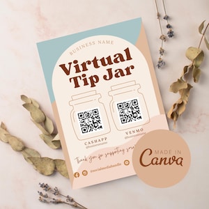 Boho Virtual Tip Jar Sign Template, Editable QR Code Payment Method, Printable Virtual Tip Venmo, Canva Template Tips Accepted Signage