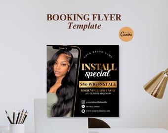 Puede incluir: Una plantilla de folleto de reserva digital cuadrada con fondo negro y texto dorado. El folleto muestra las palabras INSTALL special, $80 WIG INSTALL y BOOK YOUR SPOT NOW. Incluye una fotografía de una persona con cabello negro largo y ondulado.