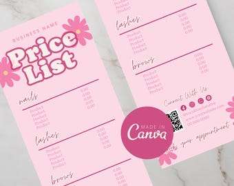 Prijslijstsjabloon, bewerkbaar ontwerp met prijsgids voor kleine bedrijven, afdrukbaar marktprijsblad, canvassjabloon Prijslijst salon