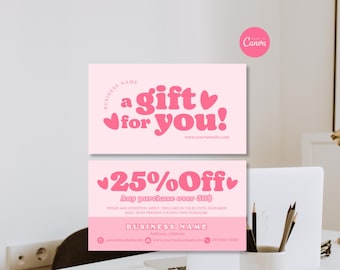 Plantilla de tarjeta de cupón, plantilla editable rosa para tarjeta de promoción comercial en Canva, tarjeta de regalo imprimible, tarjetas de cupones de recompensas para clientes para crear tú mismo