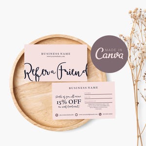 紹介カードテンプレート、編集可能な友達紹介カードデザイン、印刷可能なクライアント紹介カード、Canva顧客特典割引カードテンプレート