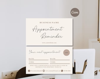 Puede incluir: Una tarjeta rectangular de recordatorio de citas con fondo crema y texto marrón oscuro. El frente muestra 'BUSINESS NAME', 'Appointment Reminder' y una URL. El reverso incluye 'Your next appointment:', líneas de fecha y hora, un círculo para logo, iconos de contacto y una política de cancelación.