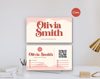 Modello di biglietto da visita in stile boho, codice QR modificabile per biglietto da visita su Canva, download digitale stampabile, 3,5 x 2 pollici