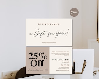 Plantilla de tarjeta de cupón, tarjeta promocional editable para pequeñas empresas, plantilla de Canva para cupones de descuento imprimibles, tarjeta de regalo de recompensas para clientes (hágalo usted mismo)