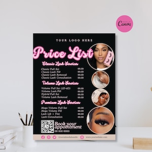 Editable Lash Price List Template featuring a luxury black and hot pink design with service pricing, QR code booking section,social media icons, and customizable branding. Canva editable beauty salon menu designed for lash artists, eyelash extension technicians, estheticians, brow artists, makeup artists, and beauty salons. Printable service menu with classic lash services, volume lash services, premium lash services, appointment booking QR code, business logo, website, and contact information.