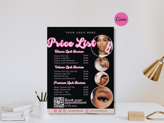 Lashes Price List Template Lash Salon Service Menu Canva Editable Lash Business Pricing Guide Printable DIY Lashes Price Sheet Design