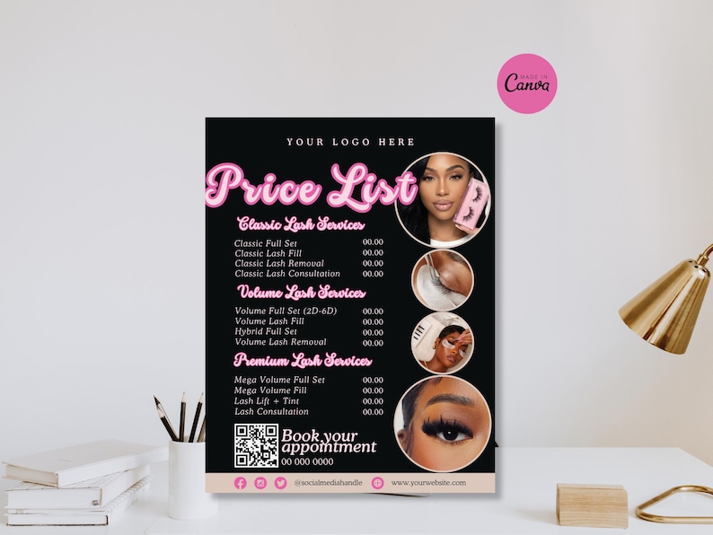 Editable Lash Price List Template featuring a luxury black and hot pink design with service pricing, QR code booking section,social media icons, and customizable branding. Canva editable beauty salon menu designed for lash artists, eyelash extension technicians, estheticians, brow artists, makeup artists, and beauty salons. Printable service menu with classic lash services, volume lash services, premium lash services, appointment booking QR code, business logo, website, and contact information.