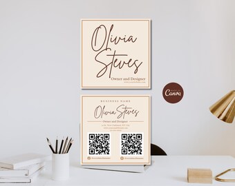 Square Business Card Template, Editable QR Code Calling Card, Printable Elegant Business Card, Canva Template Beauty Business Branding