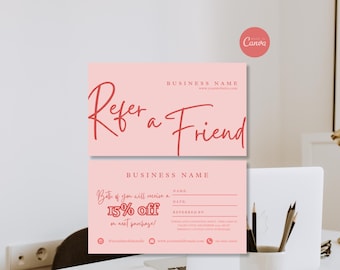 Plantilla de tarjeta de recomendación, diseño editable de tarjeta de recomendación empresarial, tarjeta de visita para clientes imprimible, plantilla de Canva para tarjeta de descuento y recompensa