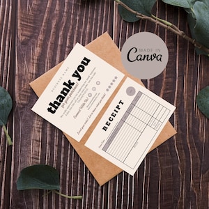 Business Receipt Template, Editable Thank You Card, Printable Receipt Form Design, Canva Small Business Packaging Insert Bundle Template
