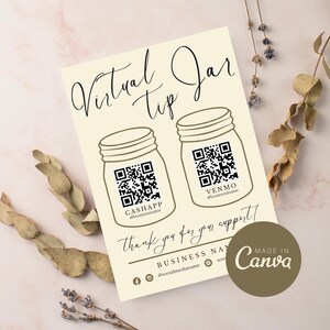 Virtual Tip Jar Sign Template, Editable Minimalist QR Code Payment Sign, Printable Virtual Tip Venmo, Canva Template Business Cash App Sign