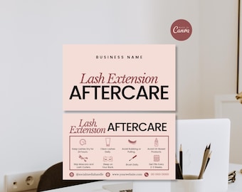 Modèle de carte de soin pour les cils Carte d'instructions d'entretien pour les extensions de cils Canva Guide de soin des cils modifiable Cartes techniques imprimables pour les cils