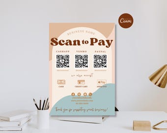 Modèle d'enseigne Scan to Pay, enseigne code QR bohème modifiable, enseigne de paiement imprimable pour petites entreprises, modèle Canva enseigne PayPal Application Venmo Cash