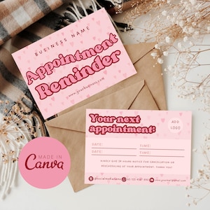 Sjabloon afspraakkaart, bewerkbaar roze ontwerp voor boekingsherinnering, afdrukbare zakelijke herinneringskaart, Canva afspraakkaart schoonheidssalon
