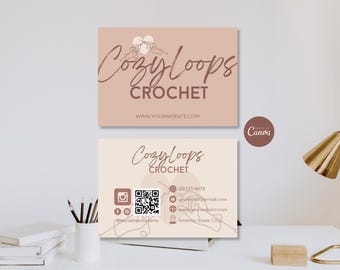 Business Card Template QR Code, Printable Crochet Calling Card, Editable Trendy Business Card, Canva Template Handmade Business Branding