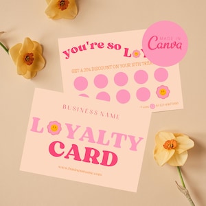 Modelo de cartão de fidelidade, cartão de recompensas para clientes para impressão, design de cartão de desconto editável para empresas de beleza, modelo de cartão de recompensas perfurado do Canva
