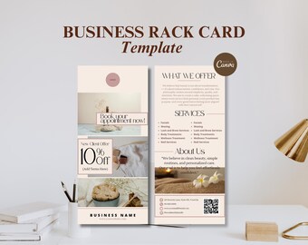May include: A business rack card template featuring a light beige color scheme with dark brown text. The design includes sections for services, an about us area, a 10% off new client offer, and a QR code. The layout displays images of spa items.