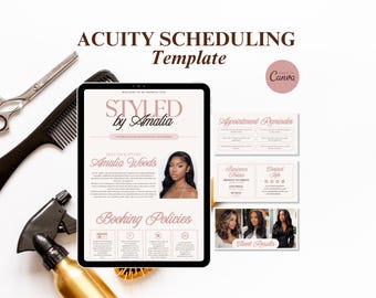 Puede incluir: Una plantilla digital de Acuity Scheduling para peluqueros con una tableta que muestra el texto Styled by Amalia, Amalia Woods y Booking Policies, junto a tijeras, un peine negro y un atomizador dorado.