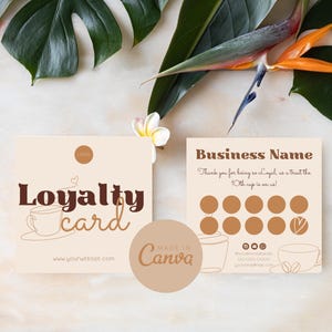 Modelo de cartão de fidelidade, design de cartão de fidelidade para cafeteria para impressão, cartão de desconto de recompensas para clientes editável, modelo de cartão perfurado Canva