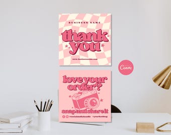 May include: Two square cards with pink and white designs. The top card features a pink checkered pattern with the text "thank you" and "BUSINESS NAME". The bottom card is solid pink with a camera graphic and the text "love your order? snap and share it".