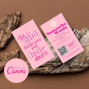 Friseur Visitenkartenvorlage, druckbares Visitenkartendesign, bearbeitbare rosa QR-Code-Vorlage, Canva Beauty Salon Visitenkartendesign