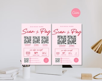 Plantilla de letrero "Escanear para pagar" en Canva. Señalización de pago con código QR editable. Letreros de pago imprimibles para salones de belleza. Letreros para PayPal, Cash App y Venmo.