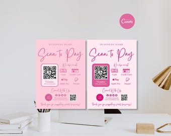 Plantilla de letrero para escanear y pagar Canva Letrero de pago con código QR Letreros de pago aceptados editables Letrero imprimible Paypal Venmo CashApp Pago digital