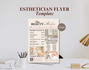 Puede incluir: Una plantilla de folleto para esteticista en color beige titulada The Beauty Atelier. Enumera servicios como faciales, cabello, depilación, pestañas, cejas, uñas y tratamientos corporales con espacios para precios, descripciones y horarios.