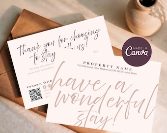 Modello di biglietto di benvenuto Airbnb, design modificabile per nota di benvenuto per gli ospiti, biglietto di auguri stampabile per case vacanze, modello Canva di ringraziamento Airbnb